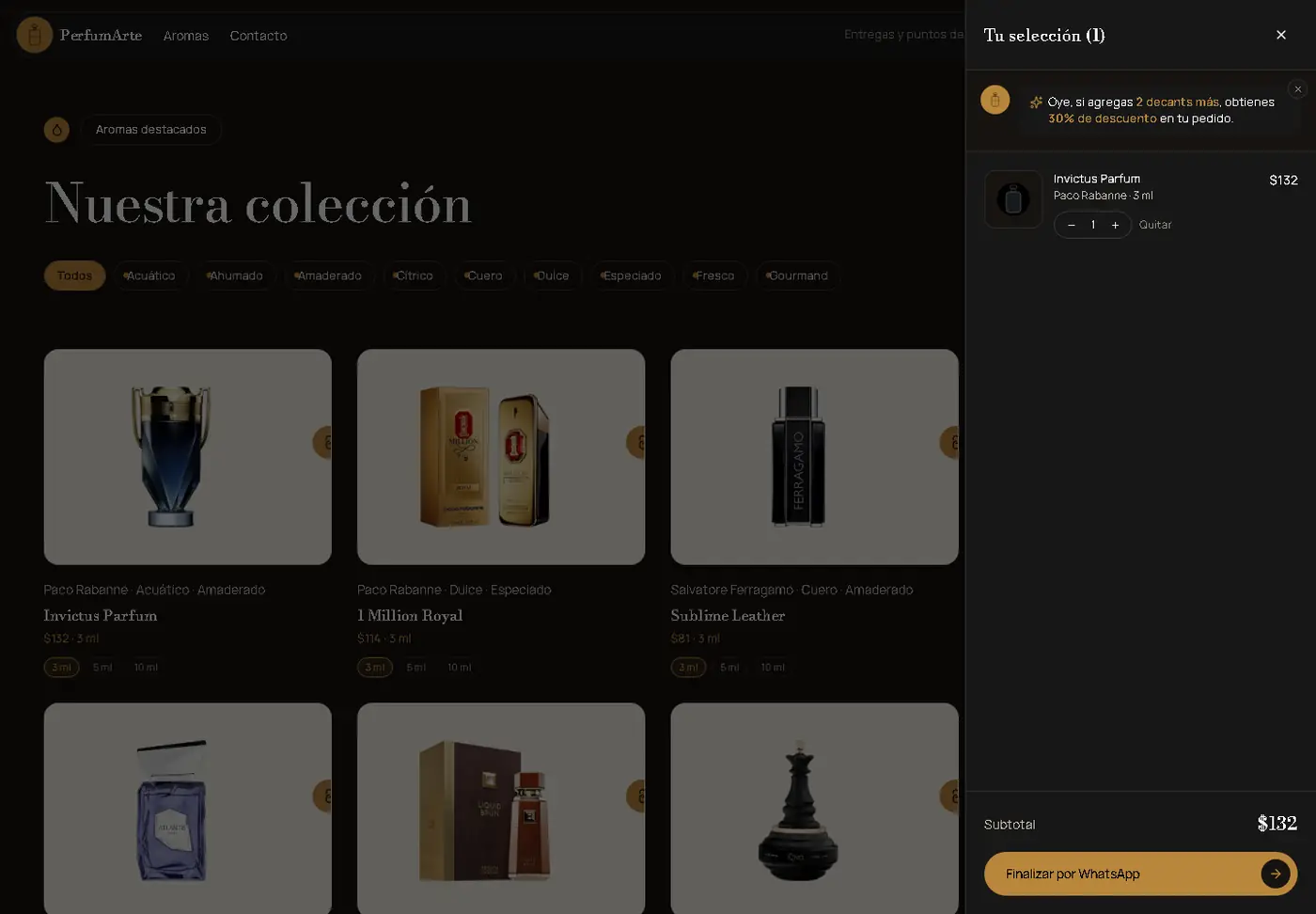 Carrito de PerfumArte listo para enviar el pedido por WhatsApp