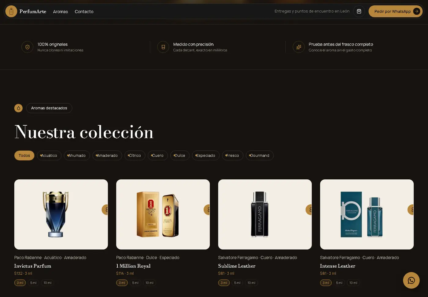 Catálogo de PerfumArte segmentado por familia olfativa