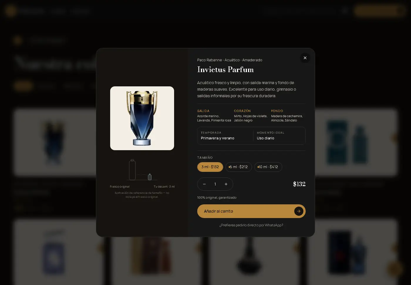 Ficha de producto de PerfumArte con notas olfativas y selector de tamaño